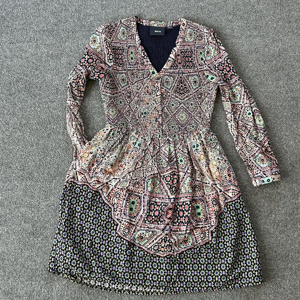 Maeve Dress Womens Small Multicolor Geometric Fit Flare Long Sleeve V Neck